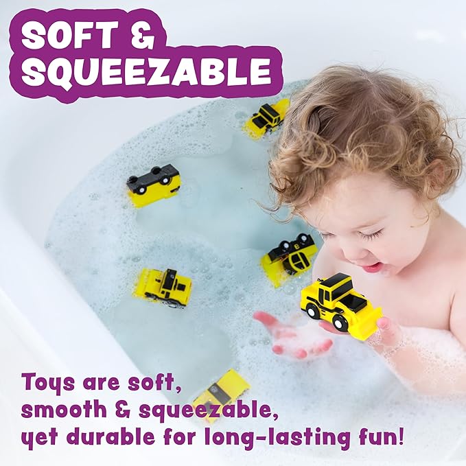 Tub Works® Construction™ Trucks Mold Free Bath Toys, 6 Pack | Sealed, No Hole Bath Toys Design Keeps Moisture Out | Soft, Squeezable & Float on Water | Baby & Toddler Bathtub Toys | Baby Pool Play