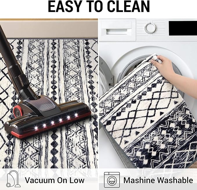 KUTA Washable Rugs Round 5Ft Black Navy Blue Boho Area Rug