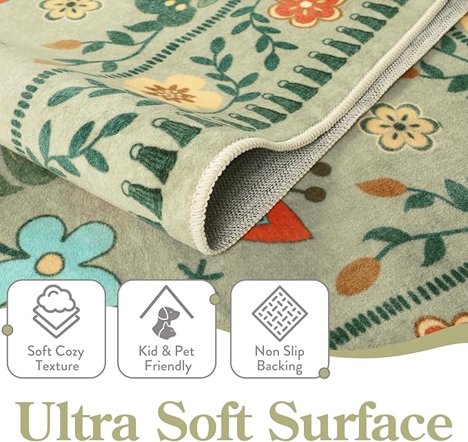 Moynesa Washable 8x10 Area Rugs for Living Room, Ultra Thin Soft Boho Bedroom Rug Stain Resistance, Low Pile Indoor Bird Pattern Sage Green Large Carpet for Nursery Dining Room Under Table
