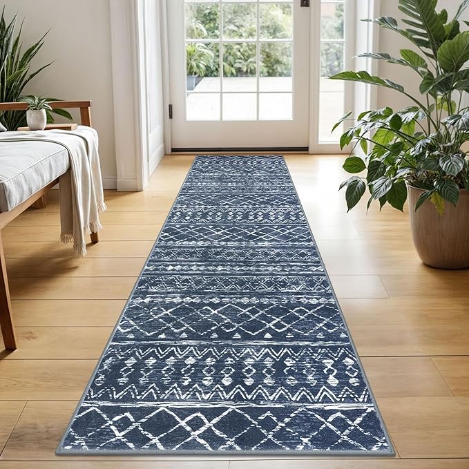 KUTA Boho Kitchen Rugs 2x5 ft Navy Blue Moroccan Washable Runner Rug Non-Slip