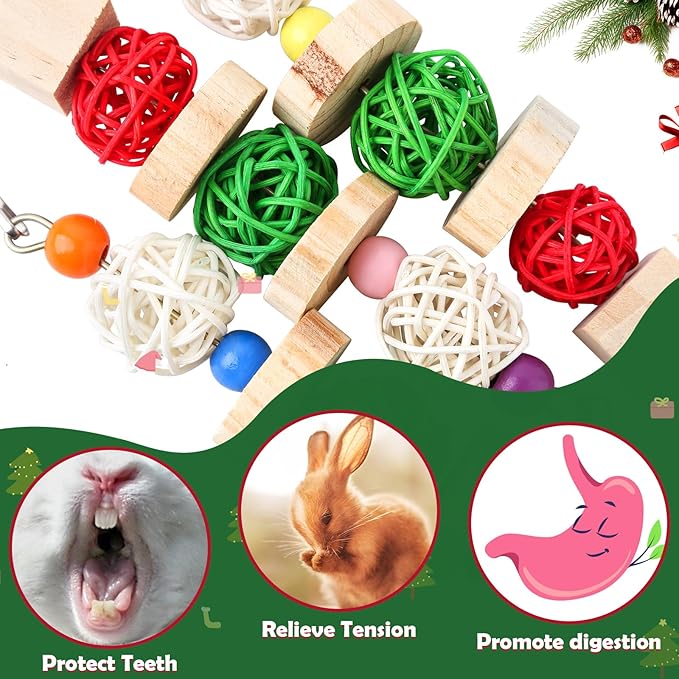 Abizoo Christmas Guinea Pig Chew Toys,3 Pcs Rabbit Chew Toys Hamster Bunny Treats Wood for Chinchilla,Hanging Christmas Themed Decor Cage Accessories for Small Animals pet Teeth Enrichment Gifts