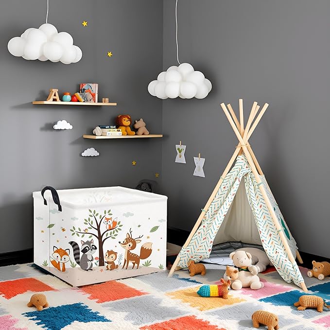 HIYAGON Rectangular Woodland Animal Basket Kids Baby Storage Basket Storage Bin Organizer Box Animal Room Decor(Spring Animal)