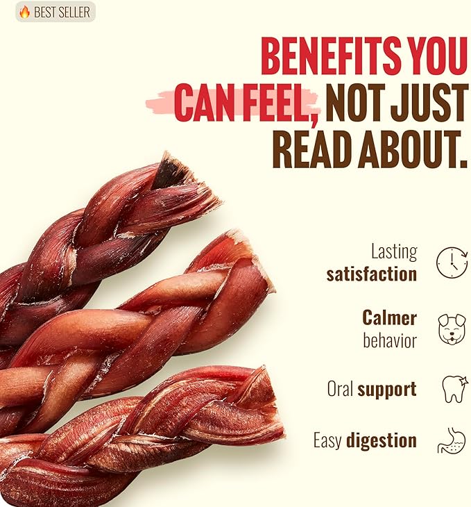 Natural Farm Odor-Free Braided Bully Sticks (12 Inch, 5 Pack) - 100% Grass-Fed Beef, Grain-Free, Low Fat & Fully Digestible Best Dental Treats - Safest Long Lasting Pizzle Chews to Keep Your Dog Busy
