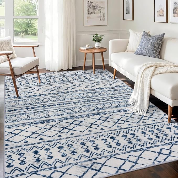 KUTA Area Rug 5x7, Moroccan Large Blue White Rugs Washable Boho Non-Slip