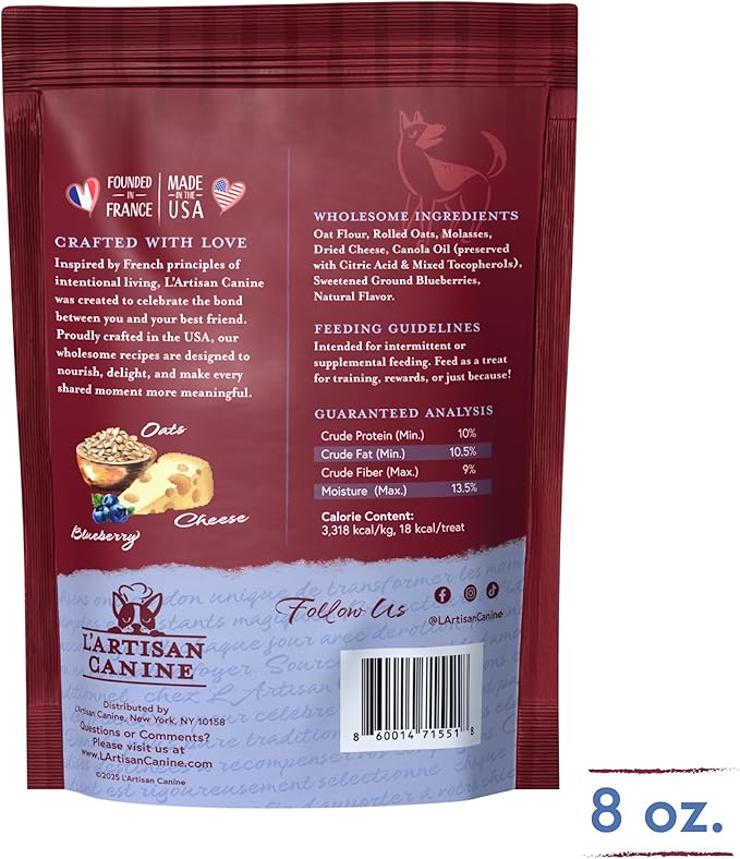 L'artisan Canine Barkerie Biscuits | Crunchy Dog Treats | French Recipes | Made in the USA | 8oz (Blueberry)