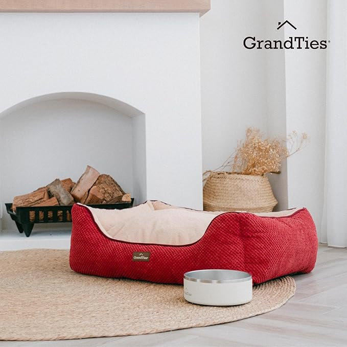 GRANDTIES Fluffy Dog Beds for Small Medium Large Dogs & Cats, Machine Washable Dog Bed, Rectangle Breathable Soft Calming Sleeping Warming Pet Beds with Waterproof & Non-Slip Bottom (M 34", Cherry)
