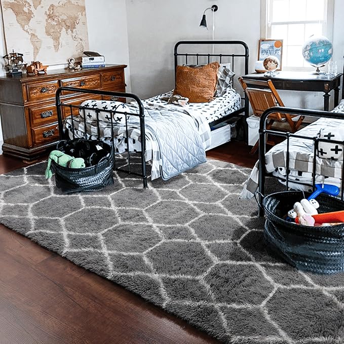 ONASAR 6x9 Area Rugs for Living Room Bedroom, Washable Large Fluffy Grey and White Throw Rug, Geometric Soft Plush Shaggy Floor Carpet for Nursery Kids Girls Boys Teen Dorm Home Decor Aesthetic