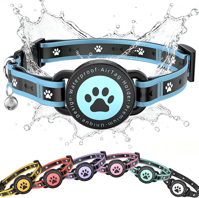 Airtag Cat Collar Breakaway, Reflective Cat Collar with AirTag Holder and Bell, Compatible with Apple Air Tag, Comfortable Padding, Adjustable, Durable (Blue, XS)