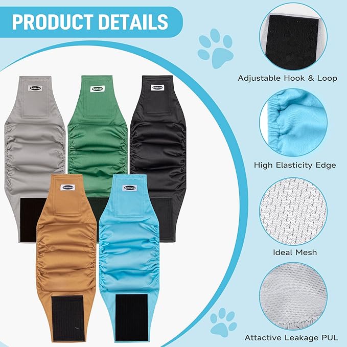 Male Dog Diapers, High Absorbing Dog Belly Bands for Male Dogs, Washable Reusable Dog Males Wraps(5 Pack)