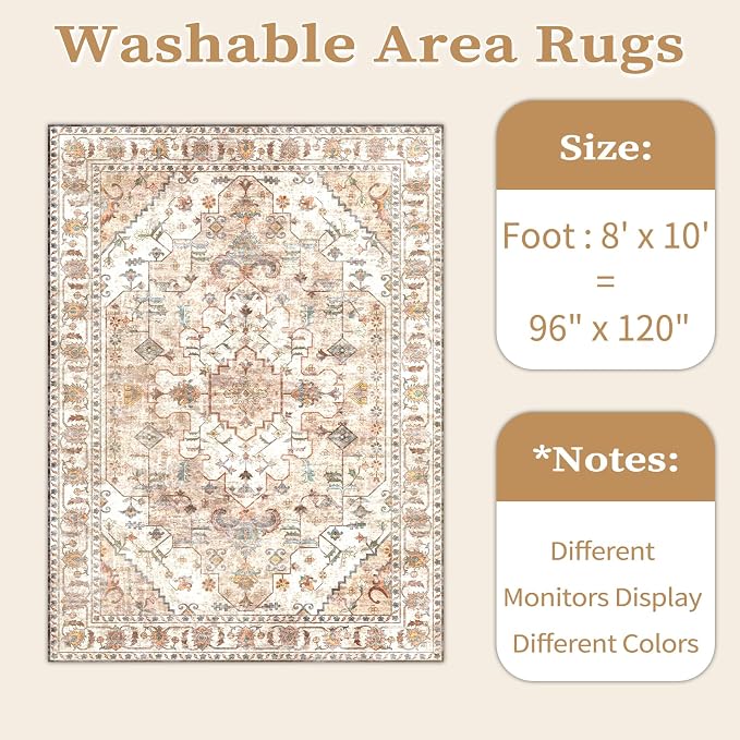 SERISSA Boho 8x10 Area Rugs Peach Cream, Washable Vintage Large Living Room Rug