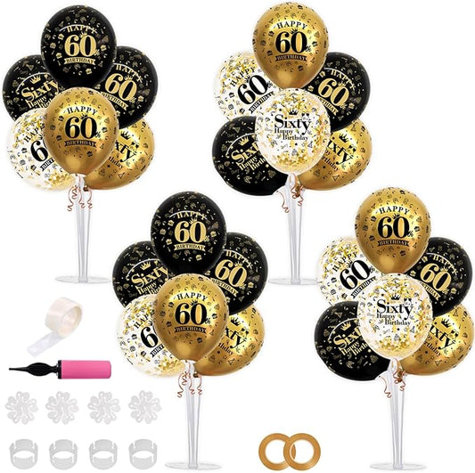 TONIFUL 4 Set Black Gold Balloon Stand Kit for Birthday Decorations for 60th,Balloon Centerpieces for Table Party Decorations Cheers to 60 Years Old Birthday for Men and Women