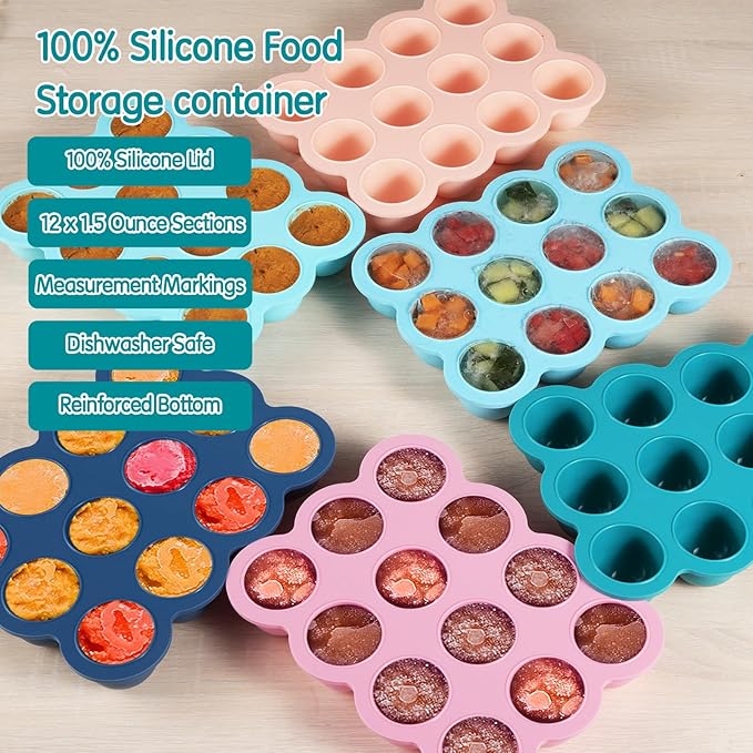 Baby Food Storage 12 x 1.5OZ Silicone Freezer Tray with Lid, Food Grade Silicone Containers for Purees & Vegetables Teal Blue