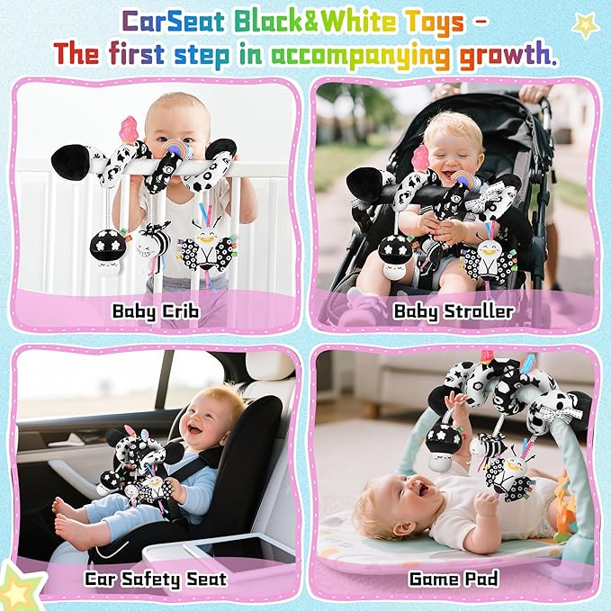 Spiral Car Seat Toys for Babies, 0-6 Months Stroller Pram Activity Hanging Toys High Contrast Black and White Sensory Toy, Newborn Soft Plush Travel Toy for Newborn Boys Girls Gift
