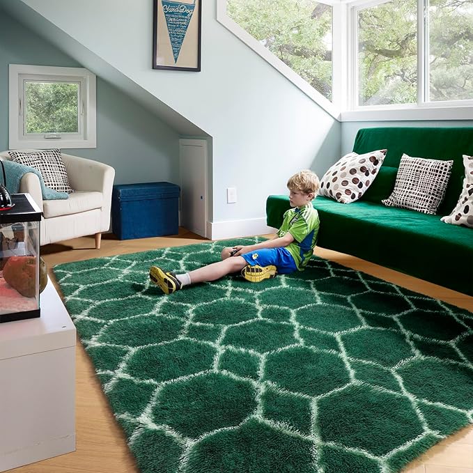 ONASAR Area Rugs for Living Room Bedroom, 5x8 Washable Fluffy Dark Green and White Rug, Geometric Boho Soft Plush Shaggy Fuzzy Floor Carpet for Nursery Kids Girls Boys Teen Dorm Home Decor Aesthetic