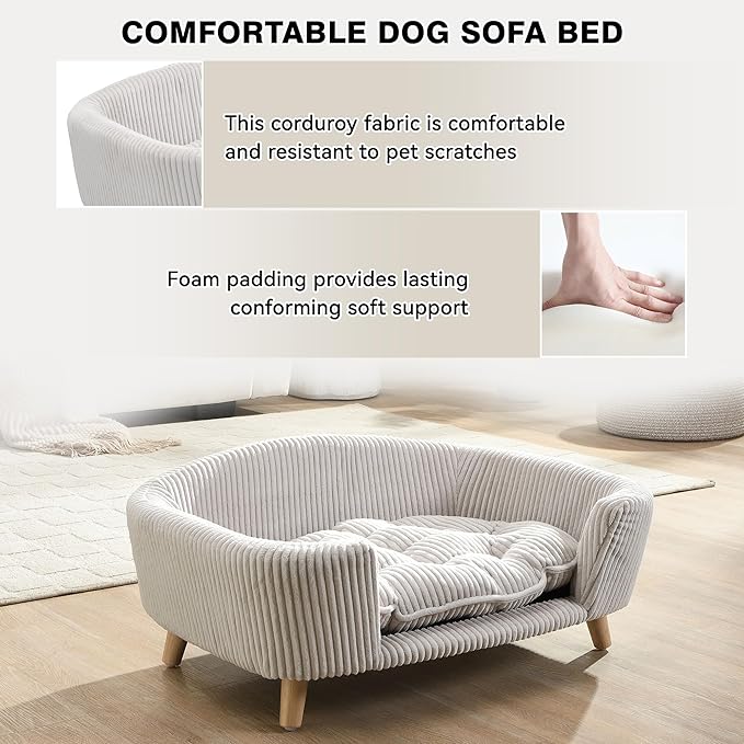Dog Sofa Couch Bed for Small Dogs, Durable Corduroy Rectangle Pet Sofa with Soft Cushion, Modern Elegant Elevated Mini Dog Couch Bed with Backrest and Armrests, Beige
