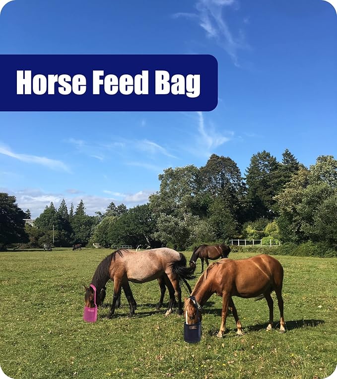 Horse Feed Bag for Grain - Heavy Duty Mesh Horse Feeder with Adjustable Strap,Comfort Neck Pad,Nose Pad Horse Muzzle Feed Bag(Medium,Blue)