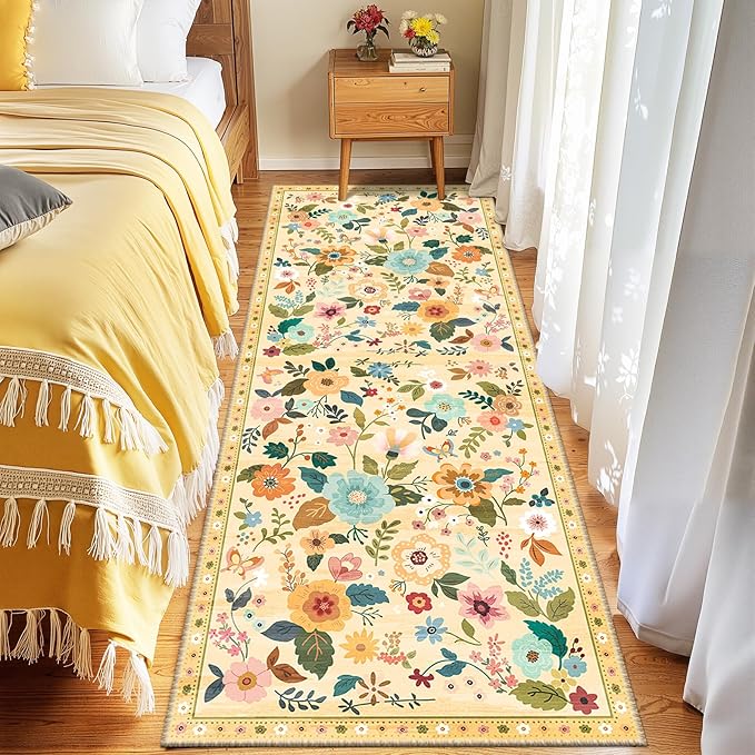 Floral 2x6 Area Rug Machine Washable Soft Print Boho Carpet Non Slip Doormat Low Pile Flower Area Rugs for Living Room Bedroom Nursery Kitchen Dining Room Indoor-Ivory/Yellow
