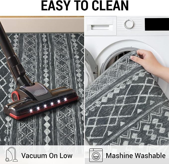 KUTA Washable Non-Slip Rugs for Entryway 2x3, Dark Grey Beige Moroccan Boho