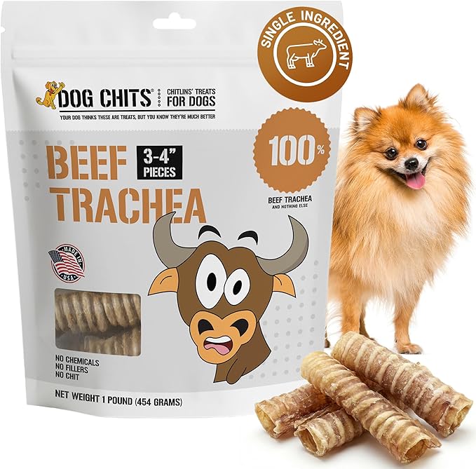 Dog Chits Beef Trachea for Dogs 1lb - 100% Single Ingredient, High Protein, Low Fat - Glucosamine for Joint Support - Dental-Clean Crunch - Digestible Rawhide-Free, Trachea Dog Treats - 3-4 inch
