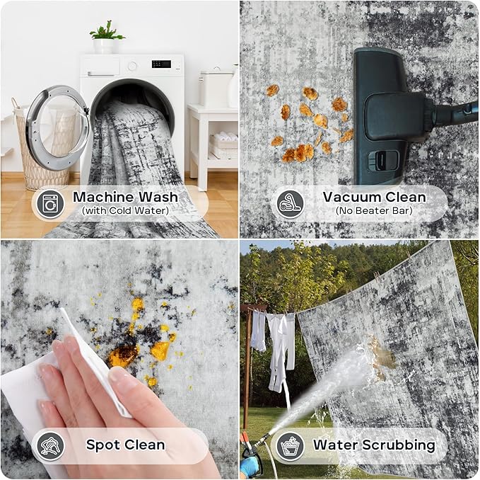 6x9 Area Rugs for Living Room Rug Washable: Modern Rug for Dining Room Bedroom Carpet Non Slip Low Pile 6 by 9 Indoor Abstract Nursery Home Office Black Grey