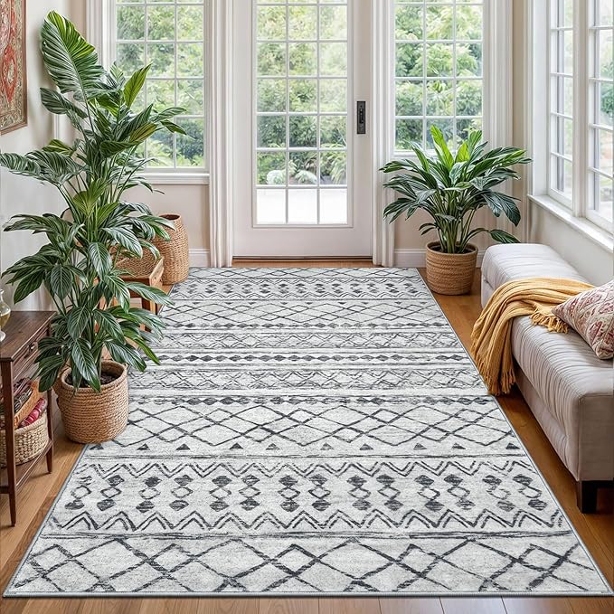 KUTA Bedroom Boho Rug 4x6 Grey, Moroccan Washable Area Rugs Non Slip, Ultra