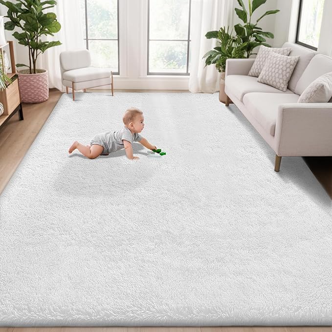 5x8 Area Rug for Living Room: Fluffy Shag Soft Washable Rugs Fuzzy Plush Indoor Carpet for Bedroom Nursery Playroom Dorm Kids Girls Boys Room (White, 5'x8')
