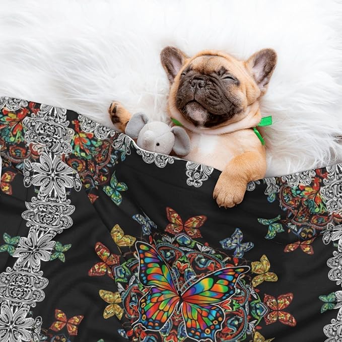 Double Sided Plush Pet Blanket with Cozy Dot Texture and Smooth Reverse, Butterflies Mandala Rainbow Art Black and White, Reversible Throw for Dogs Cats on Couches Beds Crates