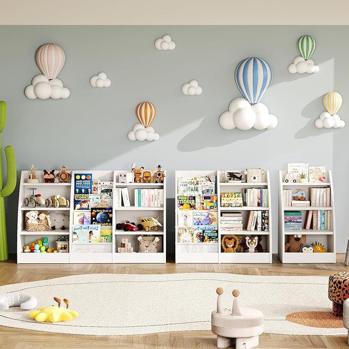 4 Tier Kids Bookshelf, 4 Layer Sling Kids Book Shelf for Kids Rooms, XXL Wood Children Bookcase,Baby Storage Book Rack,Toddler Bookshelf, Book and Toy Organizer,Book Display Shelf Burlywood
