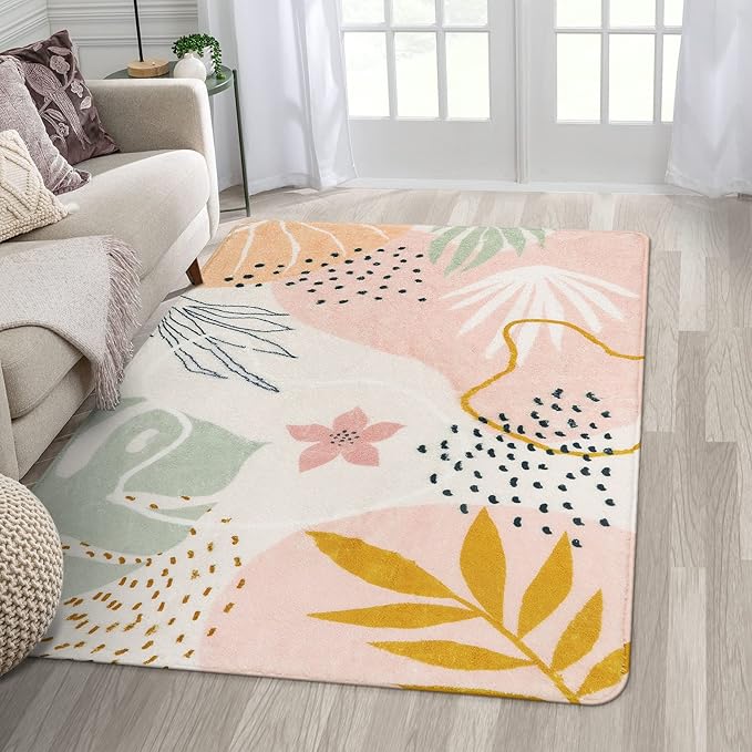 Lahome Pink Washable Living Room Area Rug - 3x5 Small Rugs for Bedroom Non-Slip Throw Soft Nursery Kids Room Low-Plie Boho Botanical Print Carpet for Kitchen Entryway Office Bath Laundry Dining Room
