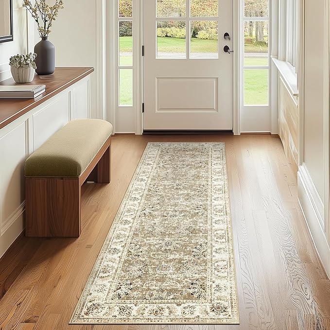 jinchan Runner Rug 2x6 Machine Washable Hallway Rug Taupe Vintage Floral Print Non-Slip Low Pile Ultra-Thin for Kitchen,Entryway,Laundry Room,Bedroom,Farmhouse (2‘x6’,Taupe)