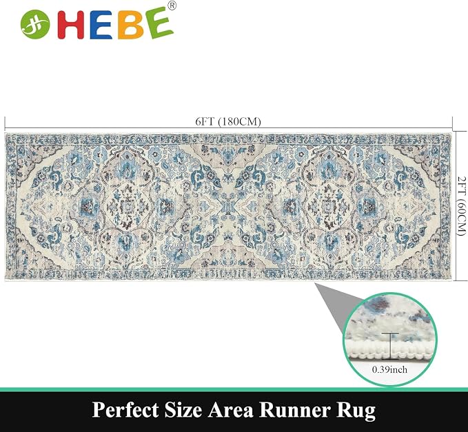 HEBE Hallway Runner Rug 2'x6' Washable Vintage Distressed Area Rugs Non Slip
