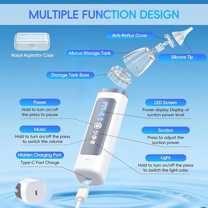 Nasal Aspirator for Baby, Electric Nose Sucker for Baby & Toddler, Congestion Relief with 3 Levels Suction,Soothing Light & Nursery Rhymes
