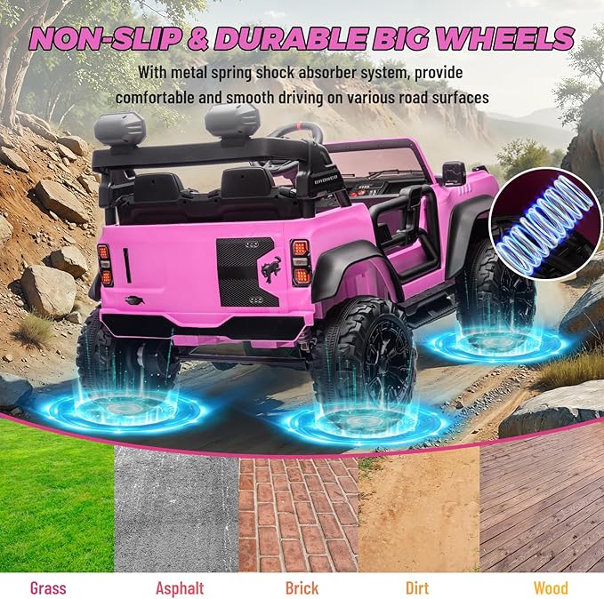 ENYOPRO 24V Ride On Toys for Big Kids, Licensed Ford Bronco Raptor 2 Seater Kids Electric Vehicle, Battery Powered Ride On Car Jeeps w/Remote Control, Bluetooth, 3 Speed, LED Lights for Ages 3+, Pink
