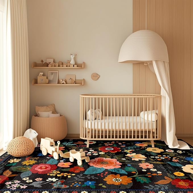 Floral 9x12 Area Rug Machine Washable Soft Print Boho Carpet Non Slip Doormat Low Pile Flower Area Rugs for Living Room Bedroom Nursery Kitchen Dining Room Indoor-Black
