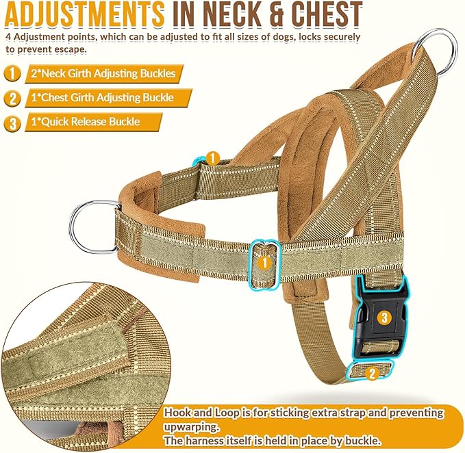 SlowTon No Pull Dog Harness - Heavy Duty Dog Harness and Leash Set for Medium Large Dogs, Reflective Tactical Harness with Soft Padded and Front Clip for Easy Walk and Training (Tan S)