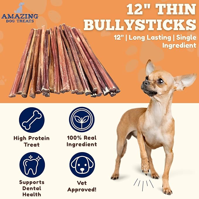 Amazing Dog Treats - Bully Sticks for Small Dogs (12 Inch Small- 30 Count) - Premium Thin Junior Bully Sticks for Dogs