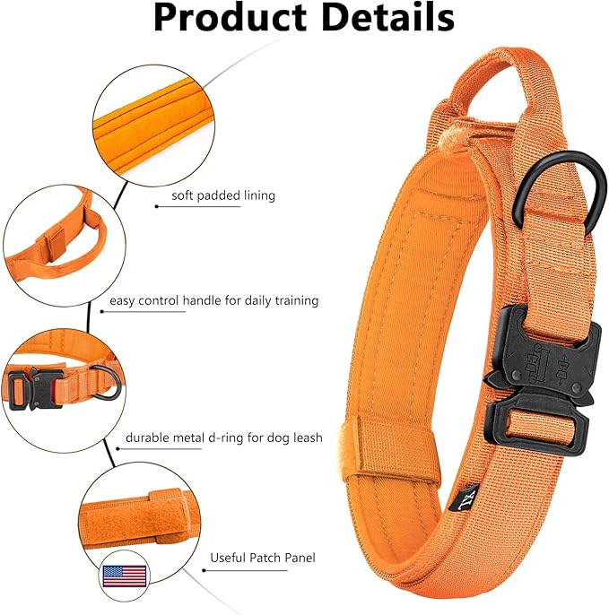 DAGANXI Tactical Dog Collar, Adjustable Military Training Nylon Dog Collar with Control Handle and Heavy Metal Buckle for Medium and Large Dogs, with Patches and Airtags Case (Orange-Set, XL)