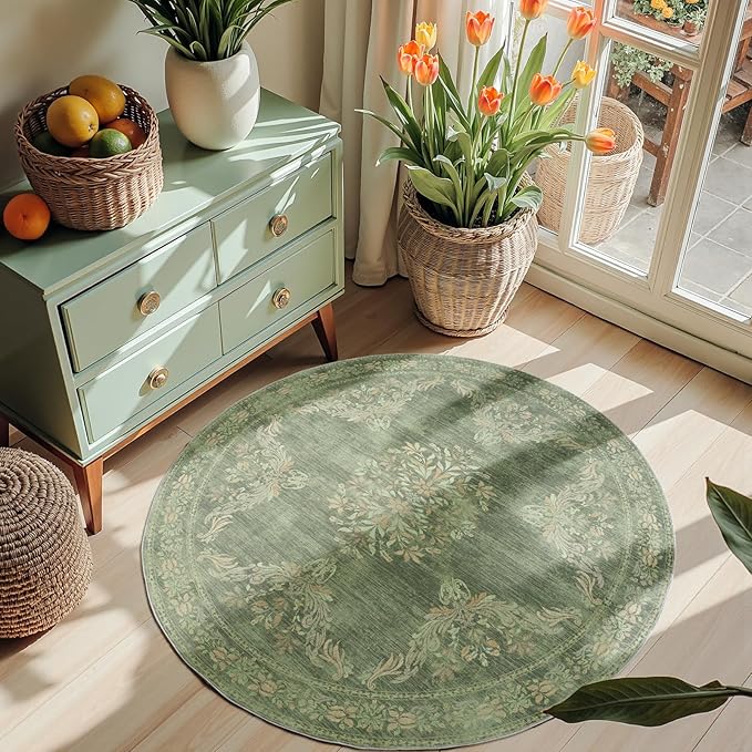 jinchan Round Rug 4ft Area Rugs Vintage Floral Distressed Design,Machine Washable Soft Non-Slip Low-Pile Ultra-Thin Circle Rug for Entryway Bedside Living Room Kitchen Nursery (4' Round,Dark Green)