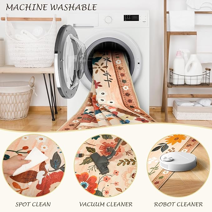 Floral 5x7 Area Rug Machine Washable Soft Print Boho Carpet Non Slip Doormat Low Pile Flower Area Rugs for Living Room Bedroom Nursery Kitchen Dining Room Indoor-Light Orange