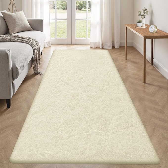 2x6 Runner Rug for Bedroom: Fluffy Shag Soft Washable Rugs Small Fuzzy Plush Indoor Carpet for Hallway Bedside Dorm Kids Girls Boys Room (Cream White, 2'x6')