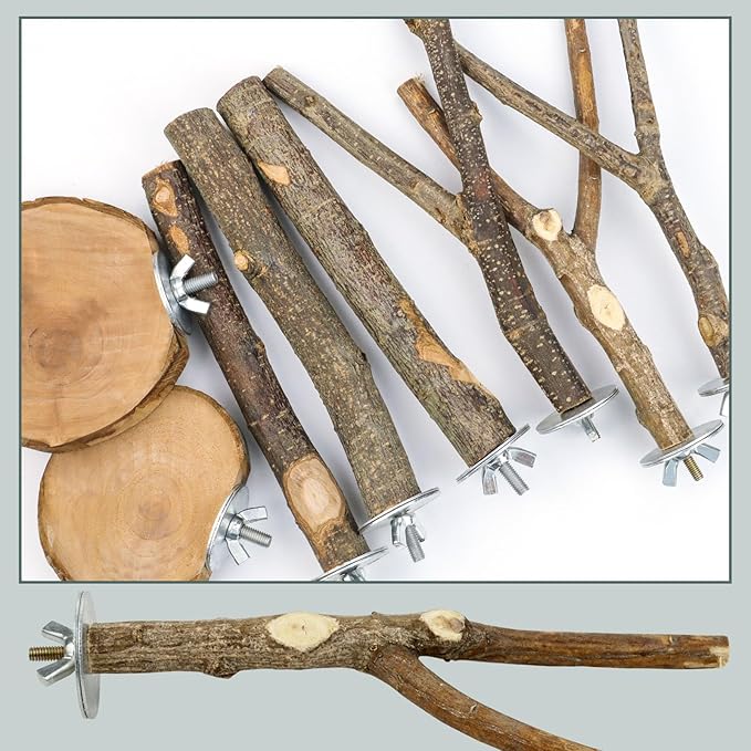 8 PCS Natural Bird Perch Set - Apple Wood Platforms & Hardwood Branches for Parakeets, Cockatiels, Lovebirds - Natural Cage Accessories, Gym Playstand & Chewing Toys for Small Birds