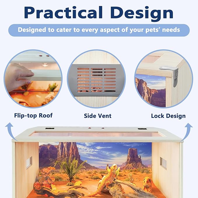 Prolee 36 Gallon Reptile Tank, Tempered Glass Bearded Dragon Tank with Wooden Roof and Lockable Doors, Large Lizard Habitat for Snakes, Iguanas, Chameleons (Oak)