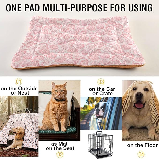 Pet Bed Cream Pink Rose Dog Bed Mat Absorbing Non Slip Pad Pet Sleeping Mat for Small, Medium, and Large Dogs Puppy Cat 36 in x 24 in