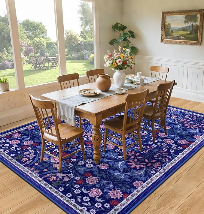 8x10 Area Rugs for Living Room: Floral Washable Rug Vintage Large Soft Boho Non-Slip Carpet Indoor Floor Stain Resistant Carpets for Bedroom Dining Room Farmhouse Nursery Home Office Blue