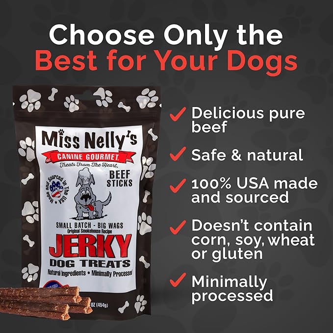 Miss Nelly's- All Natural Beef Jerky Dog Treats Made in USA Only - Beef Jerky Treats for Dogs Original Smoke House Recipe-Minimally Processed Soft Sticks - 16 oz. Bag.