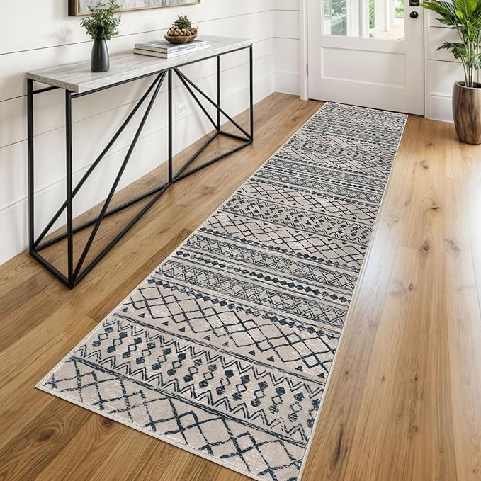 KUTA Boho Runners for Hallways 2x8 Light Brown Black Moroccan Washable Runner
