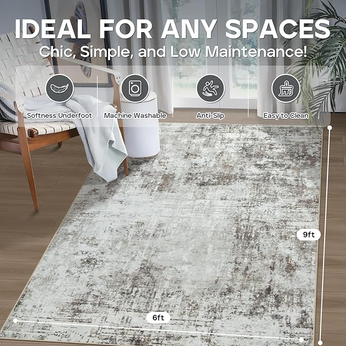 6x9 Area Rugs for Living Room Rug Washable: Modern Rug for Dining Room Bedroom Carpet Non Slip Low Pile 6 by 9 Indoor Abstract Nursery Home Office Brown Grey