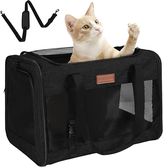 PETUX Large Pet Carrier for Large Cats ＆ Small Dogs - Up to 20Lb, Top and Side Entry, 4 Side Breathable, Foldable Soft Cat Travel Carrier with Safety Car Seat Buckle and Anti-Scratch Mesh - Black