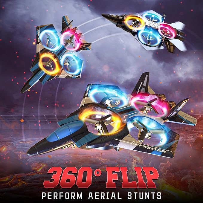 BEZGAR RC Plane for Kids | 2.4GHZ Brushless Drones with Camera, 6-axis Gyro Remote Control Airplane, 360° Flip Fighter Jet Toy, Toys for ages 8-13 with Colorful LED Navigation Lights Blue