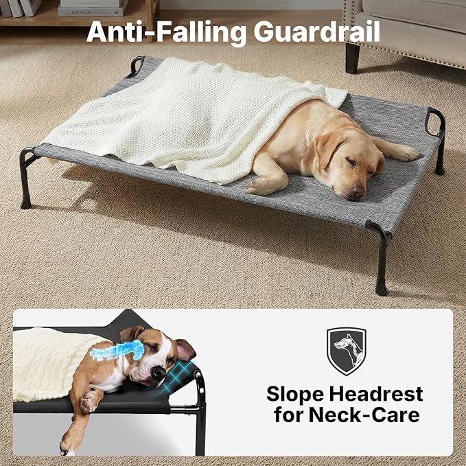 Veehoo Outdoor Dog Bed, Raised Dog Bed for Large Dogs, Elevated Dog Bed with Headrest, Washable Cooling Pet Cot, Breathable Dog Hammock for Camping & Indoor, Non-Skid, 41", Black Silver